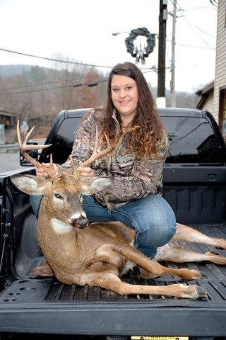Megan Andersen, 25, took this eight-pointer at Andersen Maple Farm on Monday around 4:30 p.m. It was the first buck she took with a crossbow. It scored 64 in the Sullivan County Democrat Bow Contest.