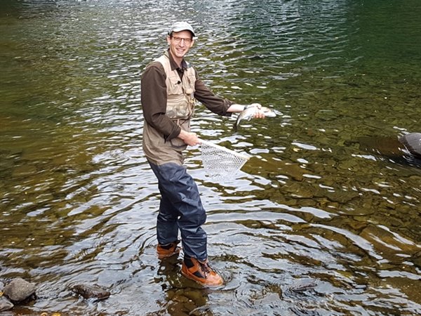 Niko Stahl of New York City and Livingston Manor with a nice rainbow trout he caught in the Beaverkill this weekend. Niko was fishing with a sulphur-type dry fly.