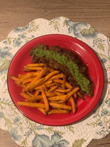 Gene and I enjoy butter basted steak with chimichurri. If I'm making sweet potato fries in the air fryer, I season them with cayenne pepper and spices for additional flavor!