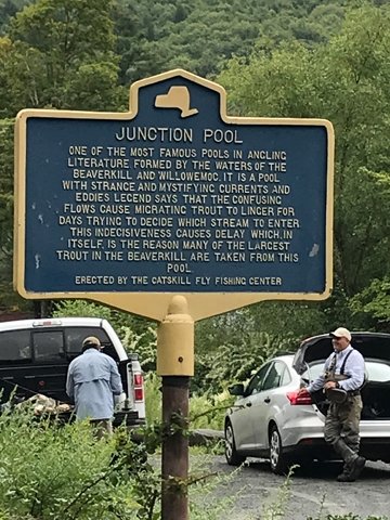 Anglers suiting up along the banks of the Beaverkill at Junction Pool observing the historical marker placed there. It has become a tradition for some trout fishers to travel from far and near to see the markers and fish each of the famous named pools, cementing forever in their minds the importance of the Beaverkill, and passing along these memories to generations to come.
