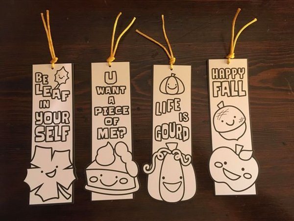 Take and Make Craft Kits, Fall bookmarks, each week we will be putting out brand new kits for you to take home and enjoy.