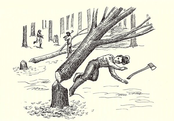 William Dunn is killed by a falling tree in 1830. (Illustration by Francis W. Davis for the Sullivan County Historical Society)