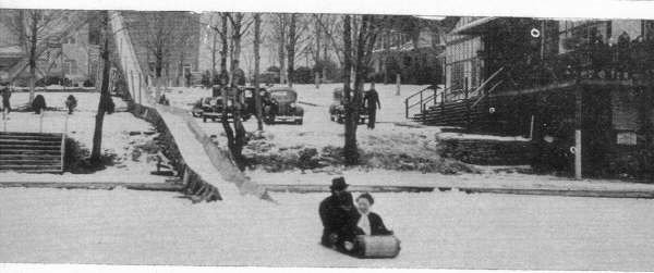 Tobogganing was always popular during the winters at Sullivan County hotels. This toboggan run was at the Laurels in Sackett Lake.