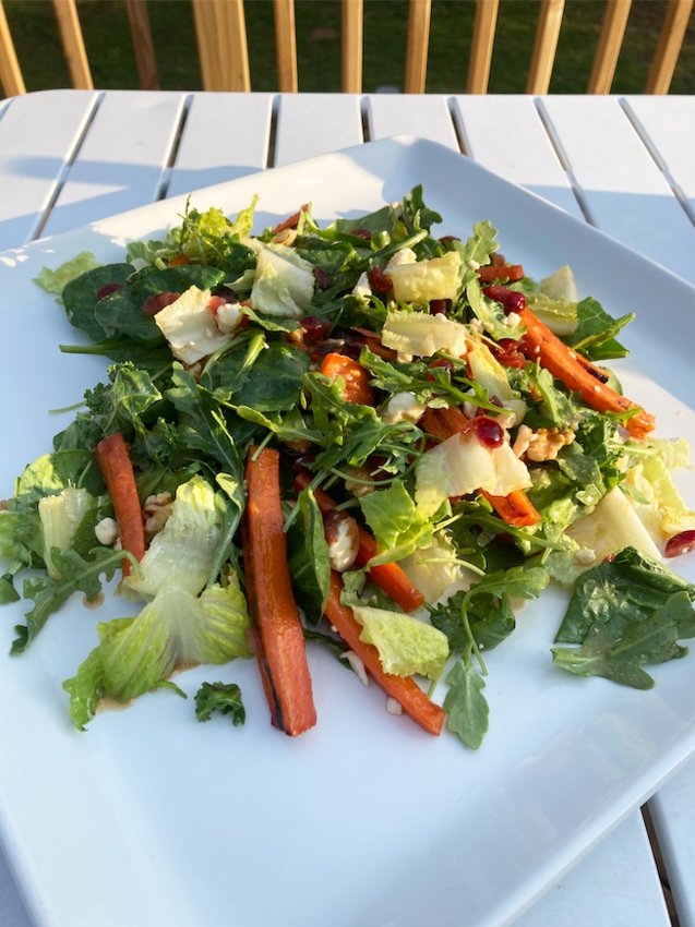 This salad has something for everyone: my sons loved the carrots, my husband enjoyed the combination of the cranberries and feta, and I liked the arugula and hint of maple syrup.