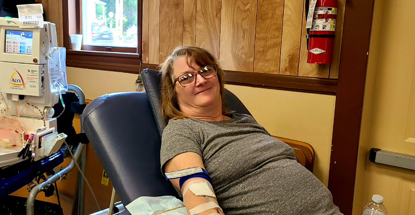 The Town of Highland Clerk, Sue Hoffman, rolled up her sleeves and donated blood at last week&rsquo;s American Legion&rsquo;s Ambulance Services Blood Drive. Ms. Hoffman said she is a long time donor and tries to donate during these blood drives and feels it is an important thing to do for the community.