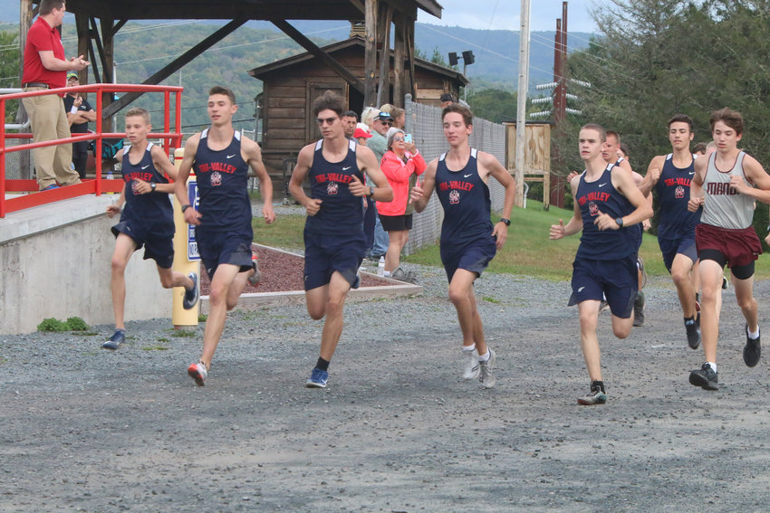 And they&rsquo;re off. T-V leads the pack at the start of their race against Livingston Manor. Pictured left to right are Van Furman, Adam Furman, Caleb Edwards, Vincent Mingo and Craig Costa.