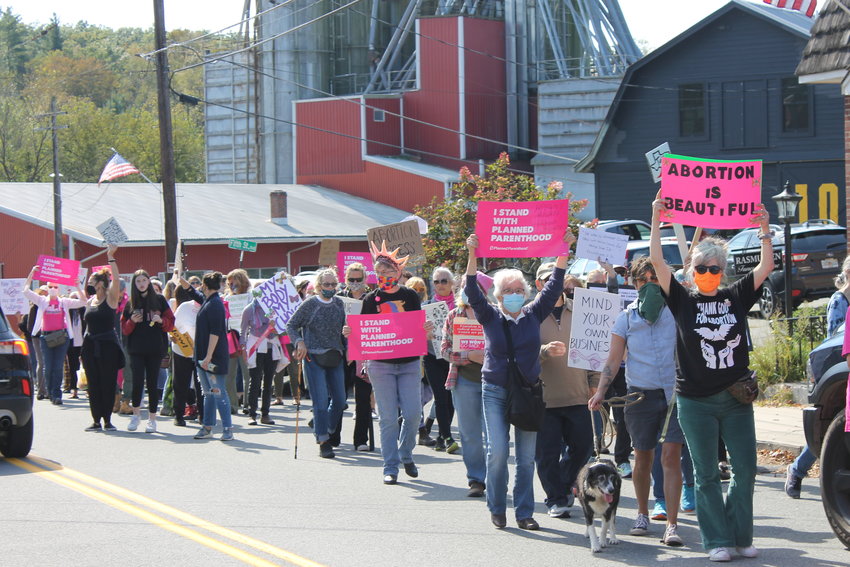 Attendees march down Main Street in Narrowsburg on Sunday in support of reproductive rights.