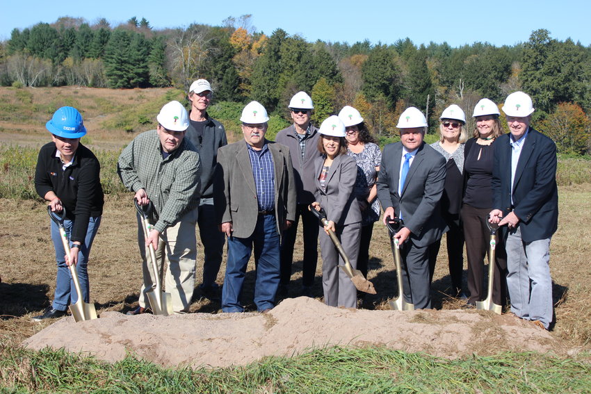 Business partners, town board members, county leaders and Sustainable Bethel Committee members were on-site for Wednesday&rsquo;s  groundbreaking. In the front row, from left, are DSD Senior Manager Kevin Hu, Sullivan County Legislature Chairman Rob Doherty,  Bethel Councilmember Bernard Cohen, Sustainable Bethel Committee Co-Chair Karen Londen, Bethel Supervisor Daniel Sturm and  BQ Energy Founder Paul Curran. Pictured in back row, from left, are Michael Chojnicki, Sustainable Bethel Co-chair Jeff Allison, Councilmembers  Dawn Ryder and Vicky Simpson and County Sustainability Coordinator Heather Brown.