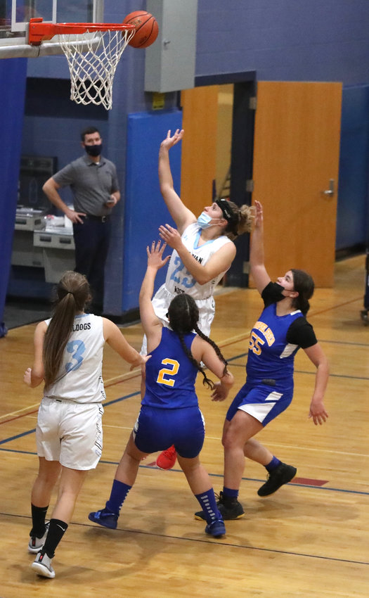 Sullivan West senior Riley Ernst goes up for two points. She led all scorers with 32 points in the Lady Westies&rsquo; convincing win over Chapel Field.