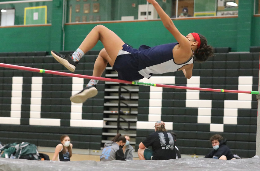 Tri-Valley&rsquo;s Kendall McGregor showing her agility in clearing the high bar.