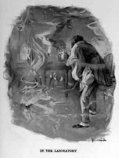 An illustration of Henry Johnson carrying Jimmie Trescott through the burning house, by Peter Newell for the original publication of &quot;The Monster.&quot;