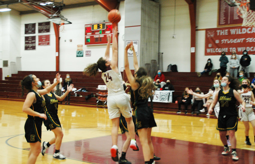 Livingston Manor&rsquo;s Kristina Davis scored a game-high 16 points in the loss to Eldred. Two Yellowjackets swarmed her as she attempted this mid-range jumpshot to tie the game in the final minute.