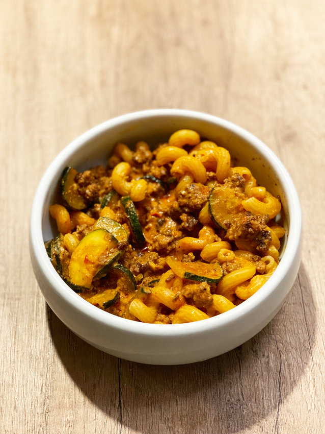 This Calabrian Beef and Cavatappi pasta will come together in about 30 minutes and feed a family of 4.