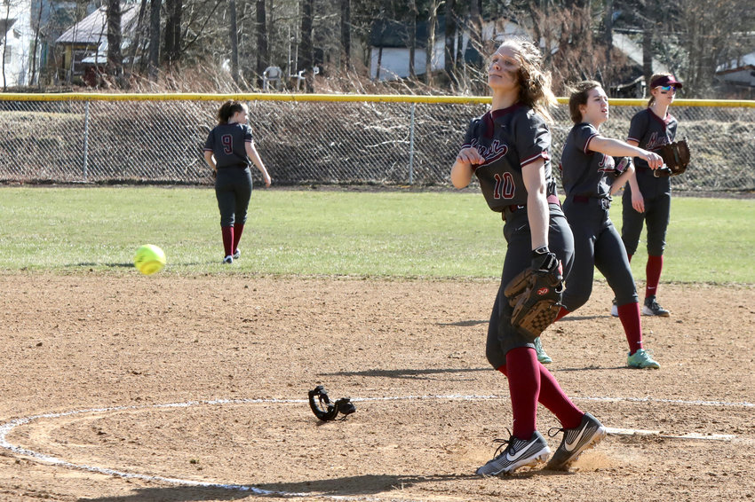 Manor hurler Mackenzie Carlson fires a warmup pitch prior to the game against Sullivan West. She showed good control in the complete game victory netting 12 strike outs and yielding only two walks. Only one of Sullivan West&rsquo;s five runs was earned.