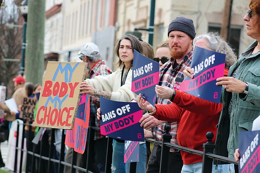 A crowd of people in support of Roe v. Wade gathered on Broadway in Monticello on Tuesday following indications that the Supreme Court may vote to overturn that ruling.