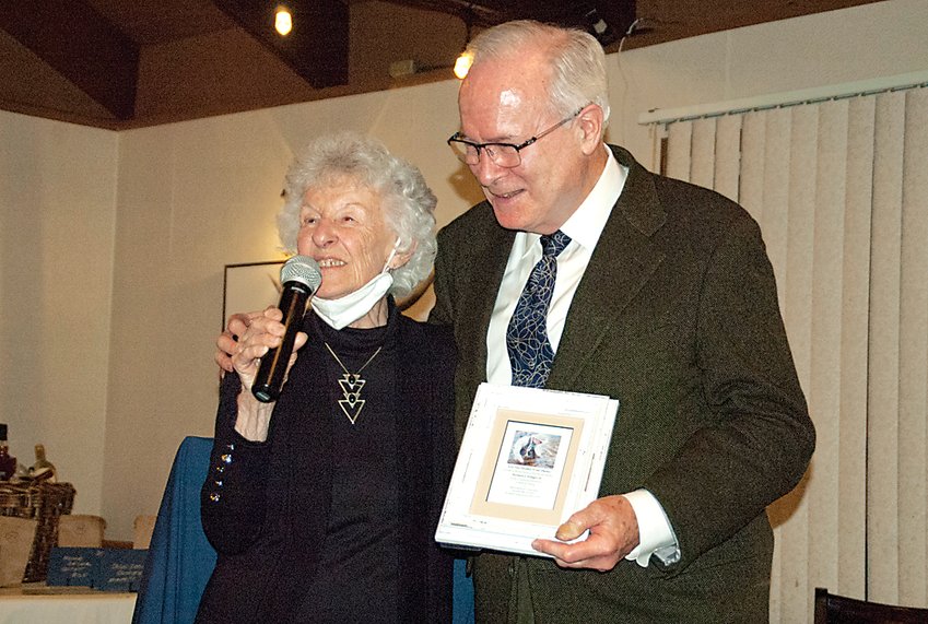 Joan Wulff joined with the evening&rsquo;s keynote speaker, Richard Schager, who received a Chamber commemoration for his service to the Beaverkill River and Catskill fly fishing.
