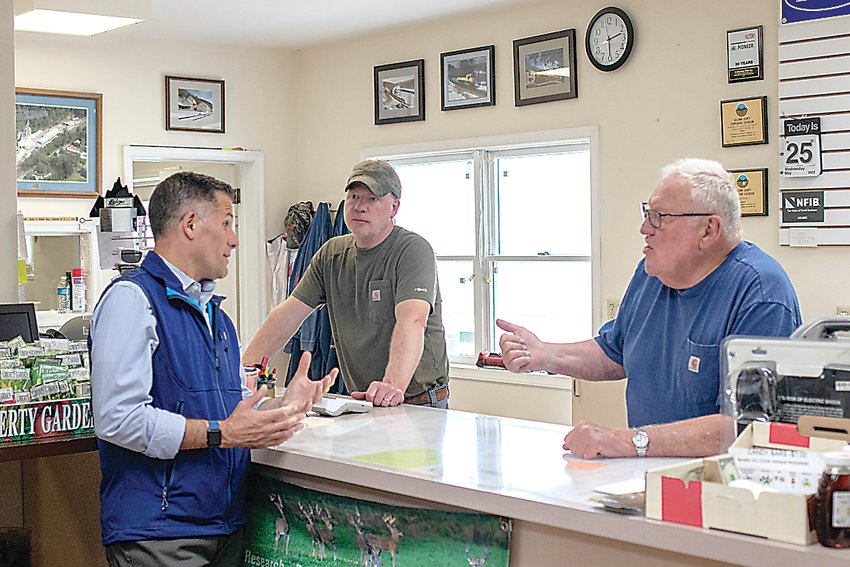 Dutchess County Executive Marcus Molinaro, left, stopped by Cochecton Mills, Inc. to speak with co-owners Sean, left, and Dennis Nearing on his campaign for New York&rsquo;s 19th Congressional District.