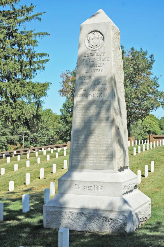 The monument in Culpeper, Virginia honoring those members of the 28th Regiment, New York Volunteers who fell at the Battle of Cedar Mountain on August 9, 1862. The monument was dedicated in 1902; two Sullivan County men were in attendance.