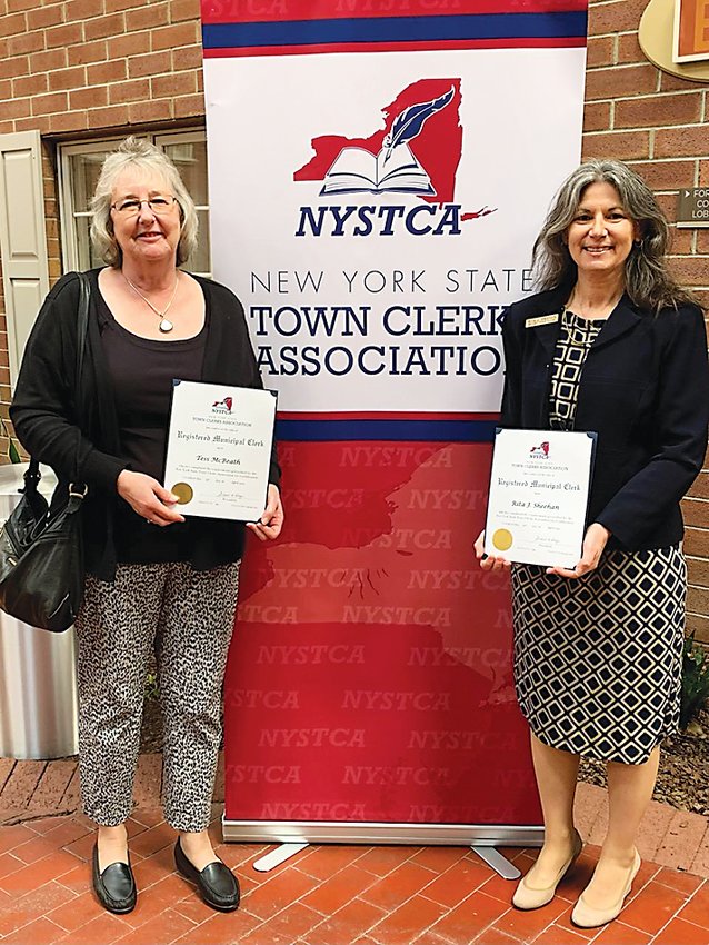 Contributed Photo   Delaware Town Clerk Tess McBeath (left) and Bethel Town Clerk Rita Sheehan were both honored with renewal certificates as Registered Municipal Clerks.