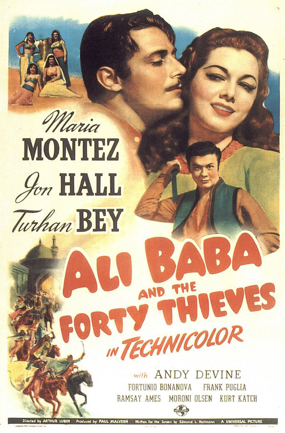 A movie poster for Ali Baba and the Forty Thieves, the first movie ever shown at the Mountain Drive-In in Liberty, Sullivan County's first drive-in.
