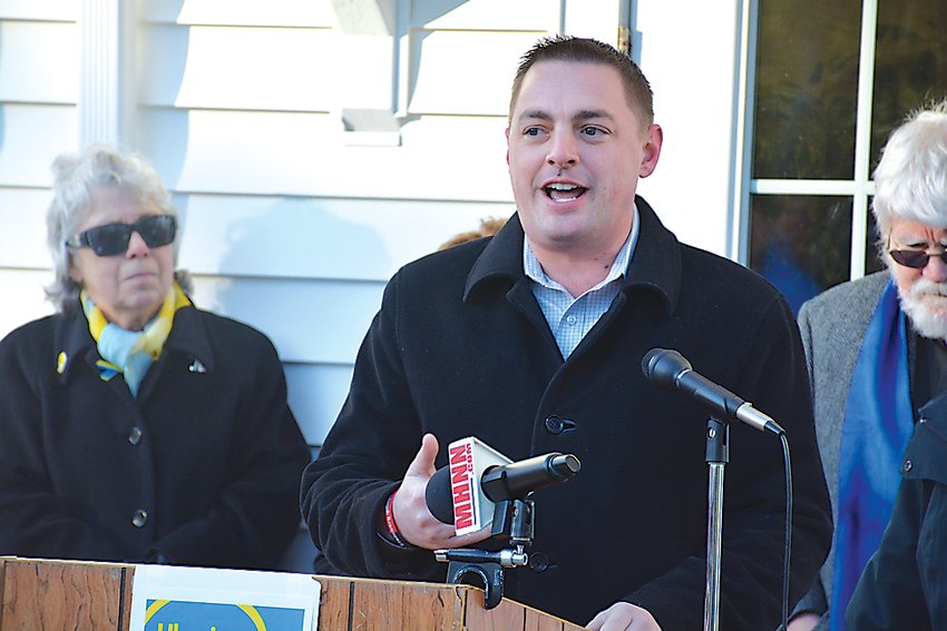 NYS Senator Mike Martucci pictured speaking at a rally in support of Ukraine in Glen Spey in March.