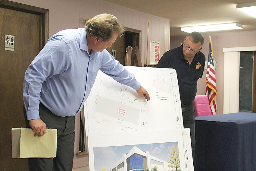 Jim Bates (left) and Joe Berger gave an overview of the warehouse project proposed near Old Route 17 during the Town of Liberty&rsquo;s most recent Planning Board meeting.