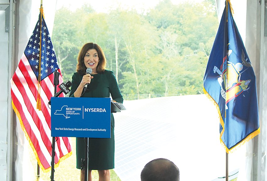Governor Kathy Hochul, seen here at a ribbon cutting ceremony for the Hofstee Farm Solar Field in Bethel last July, clinched the primary victory for November&rsquo;s gubernatorial election.