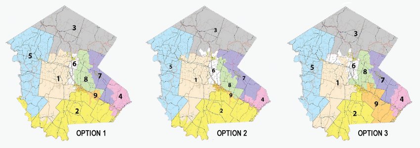 The three map-based proposals for the redistricting of Sullivan County&rsquo;s nine legislative districts. Larger versions of the maps are available on the County&rsquo;s website.