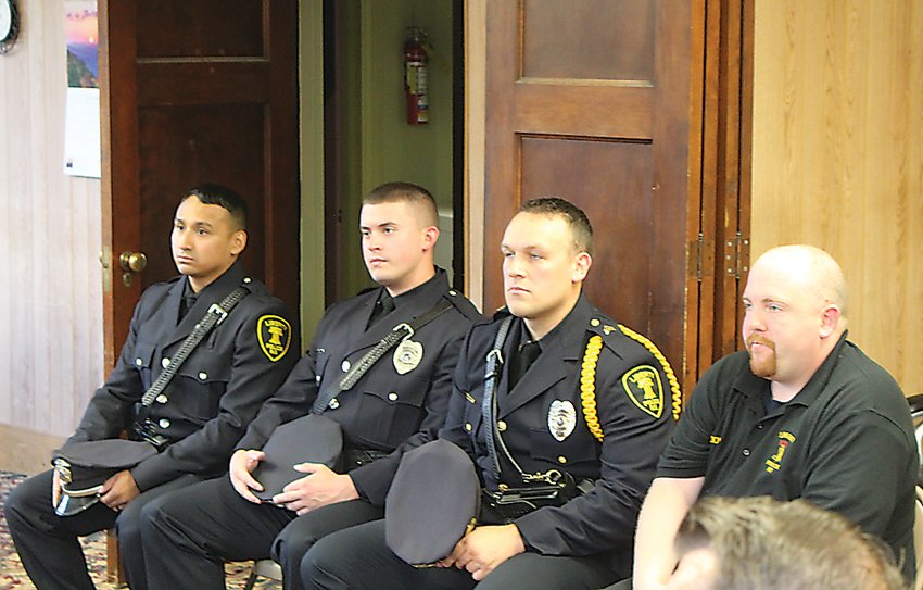 The Village of Liberty Police Department had much to be proud of during last week&rsquo;s village board meeting. Harold Nunuvero (far left) is the newest officer to join the force. Joining him were (from left) Officer Brandon Persell, Sgt. Austin Sauer and dispatcher Jeff Ashdown, who all helped save a child&rsquo;s life back in May.