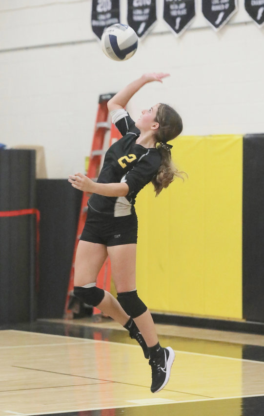 Fallsburg&rsquo;s Ashley Ingrassia leaps as she serves. Her forceful and graceful service translated into a succession of points for the victorious Lady Comets.