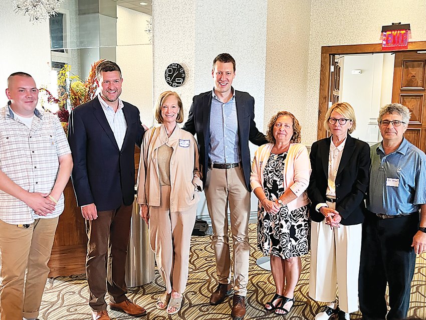 Guests at Last Sunday&rsquo;s Sullivan County Democratic Committee fundraiser and brunch included (from left) State Senate candidate Eric Ball, Congressman Pat Ryan, Town of Greenburgh Councilwoman Ellen Hendrickx, congressional candidate Josh Riley, County Legislator Nadia Rajsz, Assemblywoman Aileen Gunther and County Legis&shy;lator Ira Steingart.