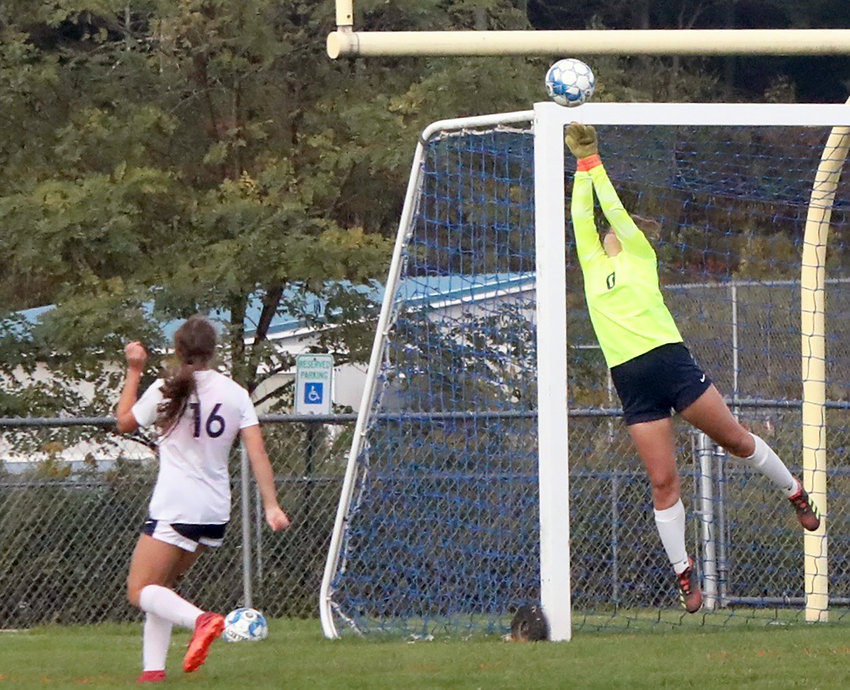 Sullivan West senior keeper Elanie Herbert leaps to punch a ball out of net. She recorded 15 saves in the 2-1 league loss and looked extremely impressive.