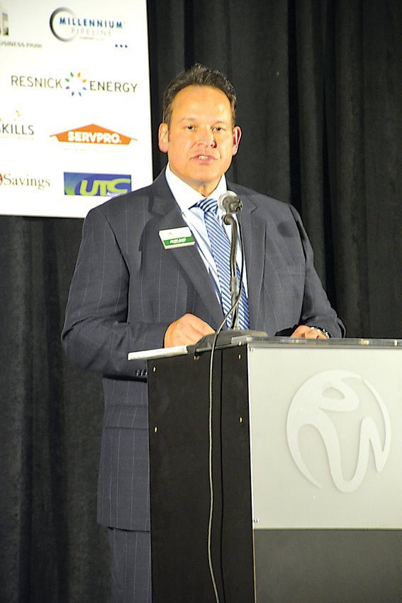 Sullivan County Partnership for Economic Development President/CEO Marc Baez addresses the crowd at Thursday&rsquo;s annual meeting and awards at Resorts World Catskills.
