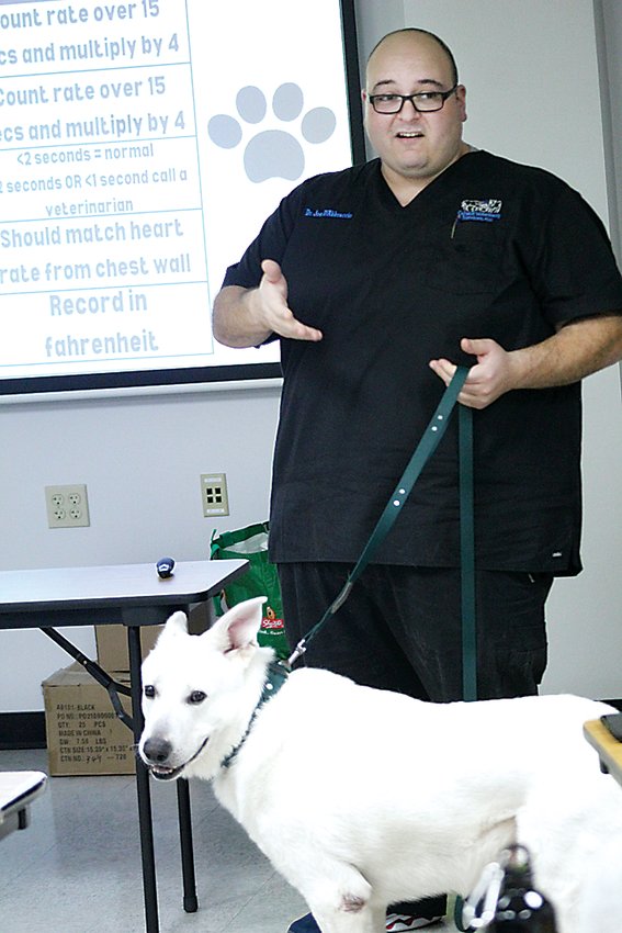 Dr. Joe D&rsquo;Abbraccio of Catskill Veterinary Services was joined by his trusty canine companion Saber.