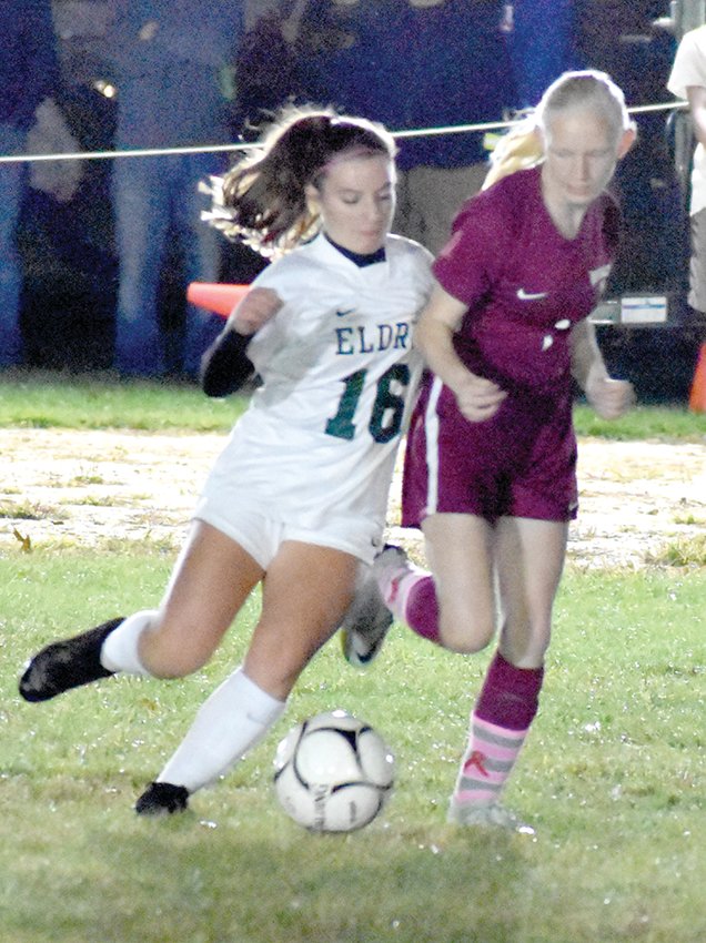 Avery Moscatiello (16) drives the ball past the Lady Wildcats defenders. She scored the only goal in Thursday night&rsquo;s league contest.