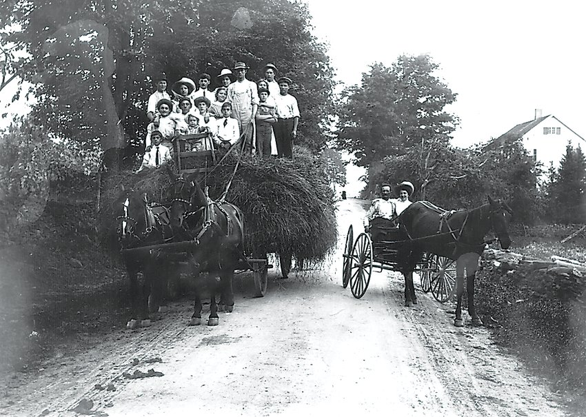 Hay ride!      The sight of this burgeoning hay ride on the left might slow traffic today, but what were the rules of the road in the horse-and-buggy era? Which is the passing vehicle here? What did a driver do to signal their intent to pass, especially an over-wide vehicle such as this hay mound? This photo from Sullivan County has been circulating for some time with no known photographer attached, and no description giving exact location. All that aside, we&rsquo;re glad this photo was saved for us to ponder how differently we get around today &ndash; and whether drivers back in the day complained about the cost of horse and hay.