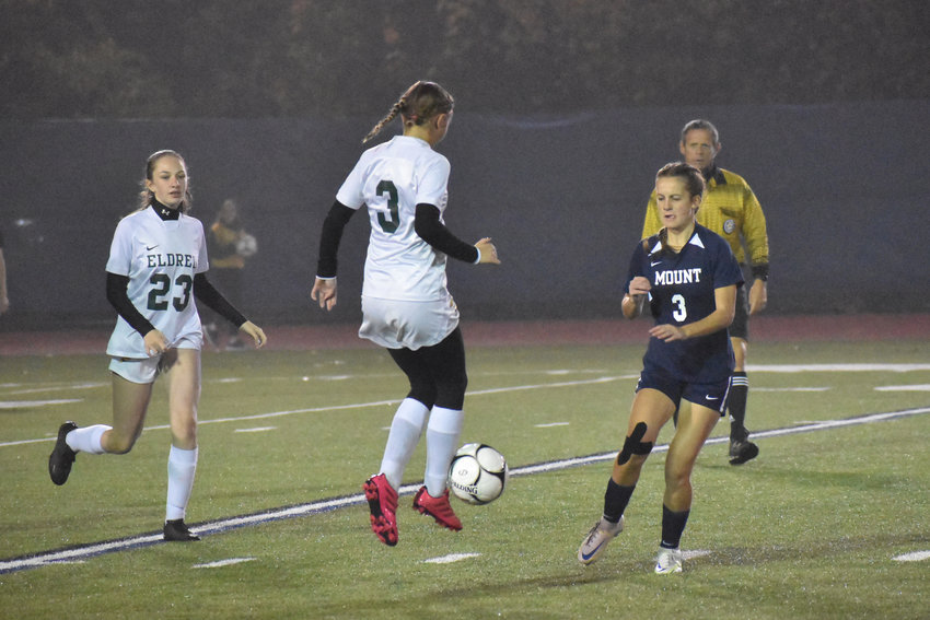 Jillian Smith leaves her feet to redirect a pass in Monday night&rsquo;s Class D Championship game for Section IX. Mount Academy won the game and will look to repeat as NYS Champs.