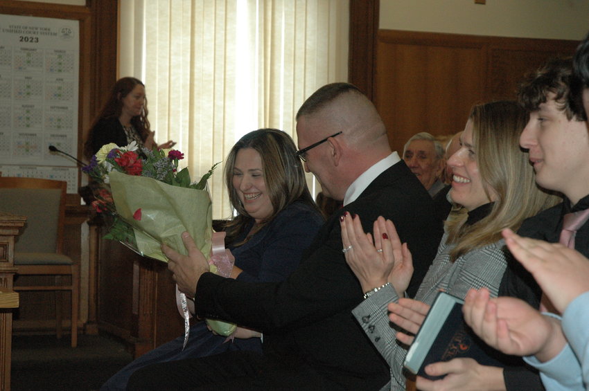 Prior to being sworn into the position of Supreme Court Justice, Galligan was given flowers from recently announced fianc&eacute; Dan Spagnoli.
