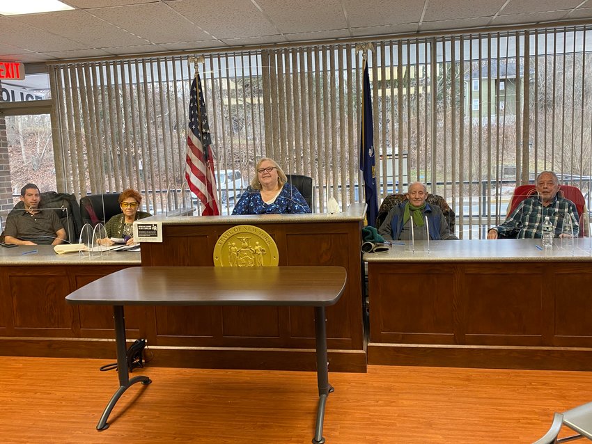 The Village of Woodridge Board met on January 17. From the left are trustee Yaacov Levine, Deputy Mayor Leni Binder, Mayor Joan Collins, and trustees Ronald Kates and Louis Saperstein.&nbsp;