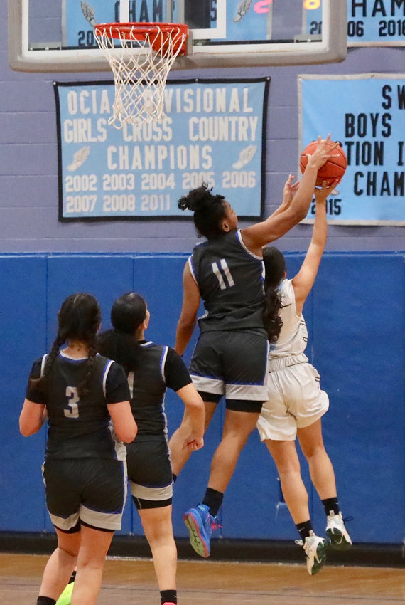 An authoritative block by Monti senior Aaliyah Mota sends a shot by SW&rsquo;s Georgeanne Cardona askew. Mota scored a game high 20 points to lead the Lady Panthers to a much-need win in the non-league fray.