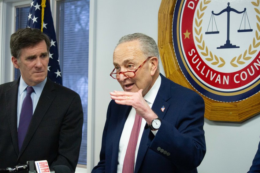 U.S. Senator Chuck Schumer, right, was in Monticello on Friday to make another push for more resources to fight against the opioid epidemic in Sullivan County. Joining him was Chauncey Parker, left, Director at New York/New Jersey HIDTA.