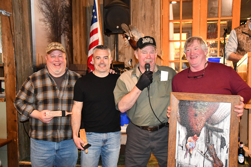 Sullivan County Longbeards chapter President Butch Kortright, third from left, handed out a few &ldquo;thank yous&rdquo; during Sunday afternoon&rsquo;s dinner at The Rockland House. Supporters of the Sullivan County Longbeards were recognized for all they do in helping to promote the organization and sponsor local events. They are, from the left, Hal Roeder, Chris Schmidt and landowner Ken Peters, who sponsors turkey hunts for veterans on his farm.
