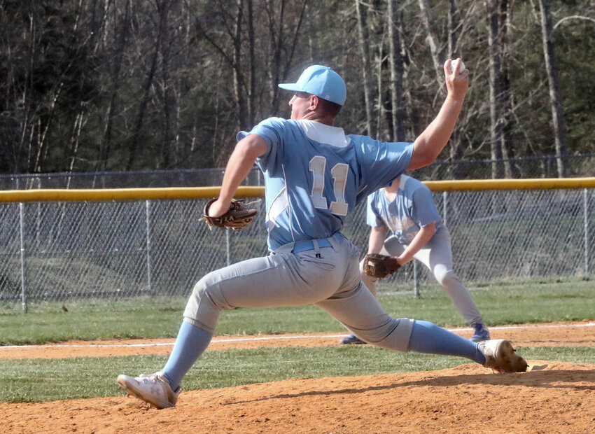 Sullivan West junior Jacob Hubert rears back to fire a pitch. The outstanding athlete had his share of struggles against Burke, but he and the team bounced back the next day to get their first win of the season by beating Ellenville.