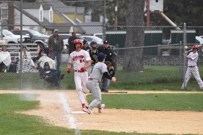 Tanner Bury speeds down the line for a single. Liberty defeated Tri-Valley to win the Livingston Manor Baseball Tournament.