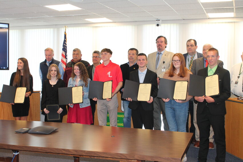 Front row from the left, Angela Cordischi (Sullivan West), Ema Amato (Eldred), Allison Weinstein (Monticello), Dylan Nichols (Liberty), Nicholas Muscia (Fallsburg), Jacqueline Lambe (Roscoe) and Thomas Houghtaling (Tri-Valley); back row from the left, Alan Sorensen (District 9), Luis Alvarez (District 6), Ira Steingart (District 8), Joe Perrello (District 7), George Conklin (District 5), Rob Doherty (District 1), Mike Brooks (District 3). Not pictured are Demi Budd (Livingston Manor), Nadia Rajsz (District 2) and Nick Salomone (District 4).