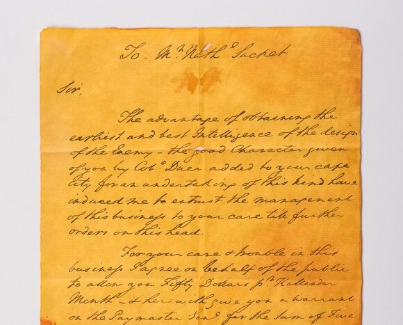 Photo of a portion of &ldquo;the letter that won the American Revolution&rdquo; from George Washington to Nathaniel Sackett asking him to form a network of spies.