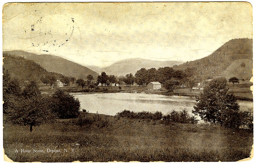 A Delaware River Scene:     Postmarked in Hambletville, New York in 1911, this postcard was published by G.V. Millar of Scranton, Pa. The image for the card was likely made from a glass plate negative recently donated to the Sullivan County Historical Society in Hurleyville. When Charles Bergner&rsquo;s former Callicoon home was sold, the plates were found by the new owners in an outdoor shed. Bergner, who was married to Jenny Curtis, also worked for G.V. Millar as a sales representative for some time, and he traveled in that role to different hotels and boarding houses to sell restaurant supplies. It&rsquo;s possible that he is the photographer who captured this image in Deposit over a century ago.