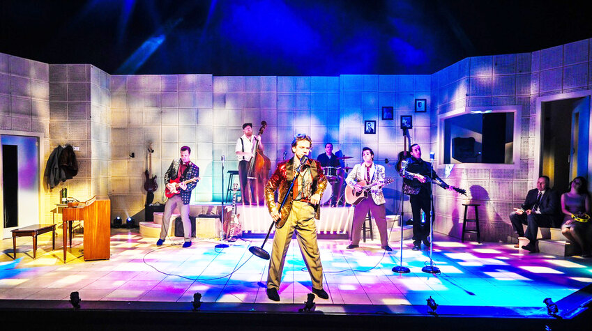 From the left: Travis Poelle as Carl Perkins, Chris Blisset as Brother Jay, Jefferson McDonald as Jerry Lee Lewis, Jeffrey T. Kelly as Fluke, Jackson Mattek as Elvis Presley, Trevor Lindley Craft as Johnny Cash, Sean Cullen as Sam Phillips, and Claire-Frances Sullivan are the featured performers in Shadowland Stages &ldquo;Million Dollar Quartet.&rdquo;