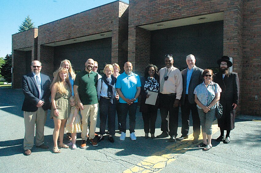 Speaker Carl Heastie visited the Ted Stroebele Recreation Center in Monticello after he announced $2 million in state funding for the building. Joining the Speaker, middle right, on Wednesday was NYS Assemblywoman Aileen Gunther, Village of Monticello Mayor George Nikolados, Town of Thompson Supervisor Bill Rieber, members of the Stroebele Center staff and other local leaders.