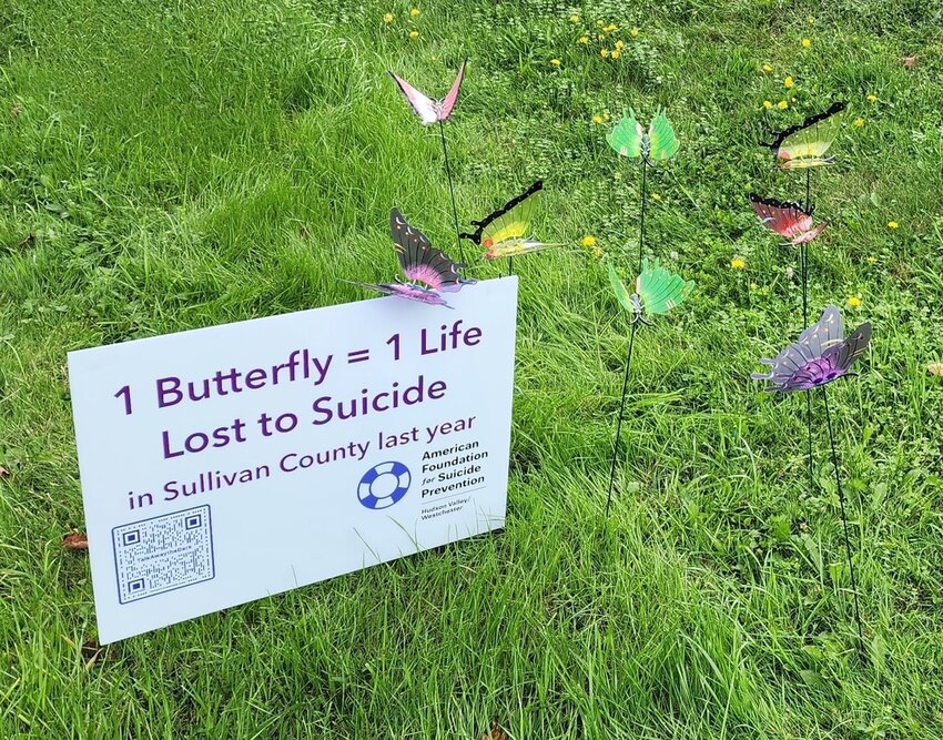 A sign that indicates 1 butterfly is for 1 life that was taken away by suicide.